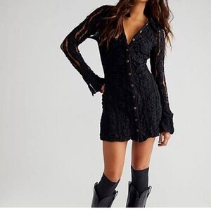 Free People Black Button-Down Lace Mini Dress